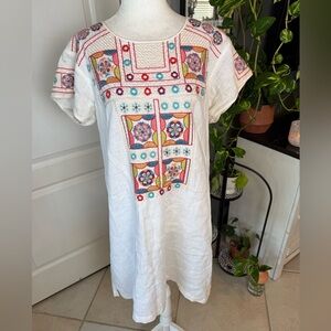 Floral Embroidered White Mini Dress linen, size, medium, colorful
